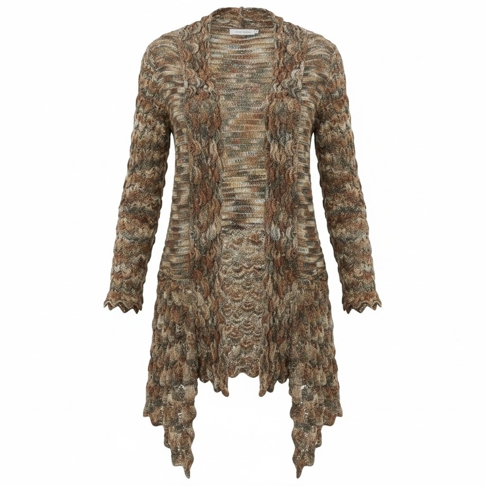 Simply‎ Couture Open Front Cardigan Neutral Scalloped Edge Boho Knit Duster M